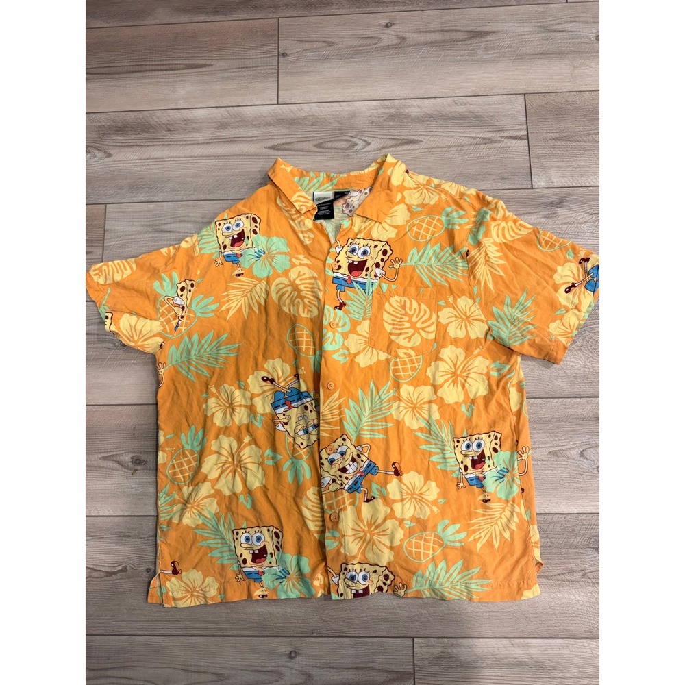 SpongeBob SquarePants Mens XXL Orange Hawaiian Rayon Button Down Shirt Tropical‎